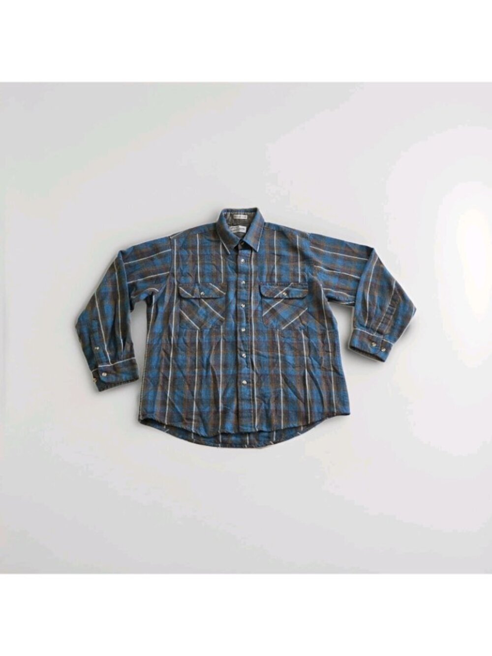 Vtg Sears Roebuck Flannel Shirt Men L Blue Plaid Wool Blend Single Needle Rugged - Picture 9 of 13